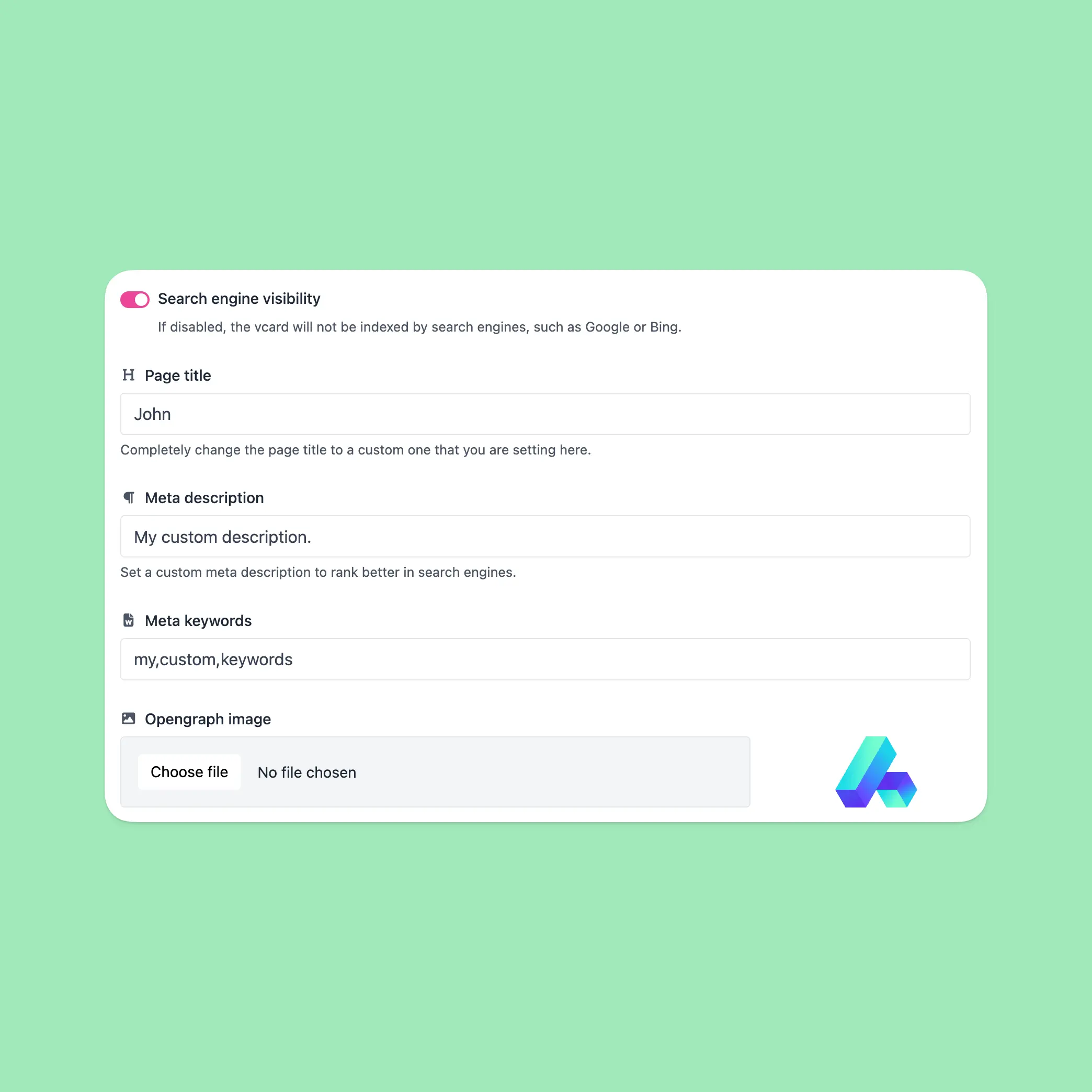 Screenshot of the app vcard SEO settings page